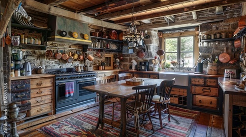 A cozy rustic kitchen with wooden beams on the ceiling and stone walls. A large wooden farmhouse table with mismatched chairs sits in the center of the room. 