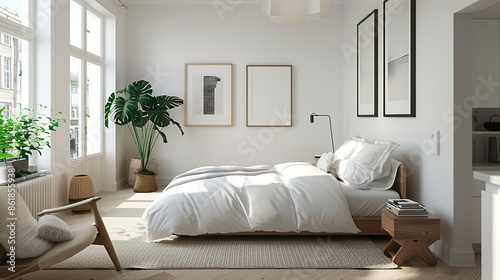 A bright and airy Scandinavian bedroom with a focus on simplicity and functionality. The room features white walls and light wooden floors.