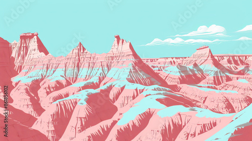 Risograph riso print national park poster illustration of Badlands, South Dakota, modern, isolated, clear, simple. Artistic, screen printing, stencil, stencilled, graphic design. Banner, wallpaper photo