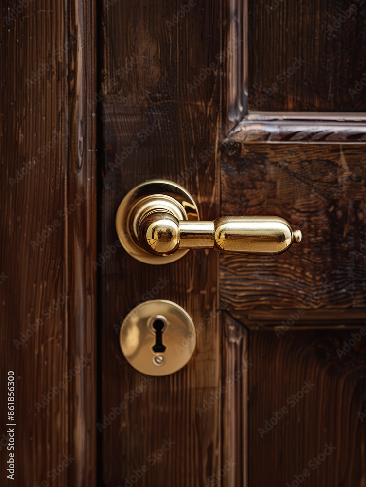 Obraz premium Close-up of brass doorknob and keyhole on a wooden door.
