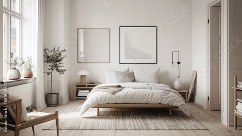 A bright and airy Scandinavian bedroom with a focus on simplicity and functionality. The room features white walls and light wooden floors. A low,