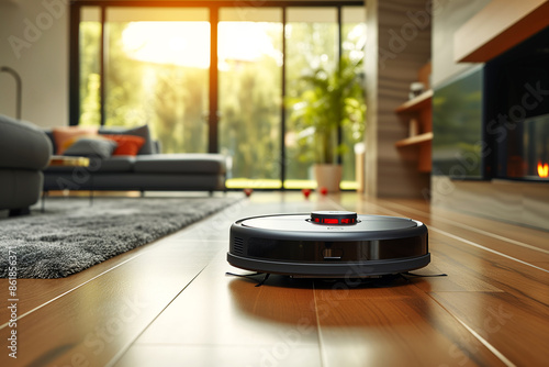 Modern robotic vacuum cleaner on laminate floor in living room. 