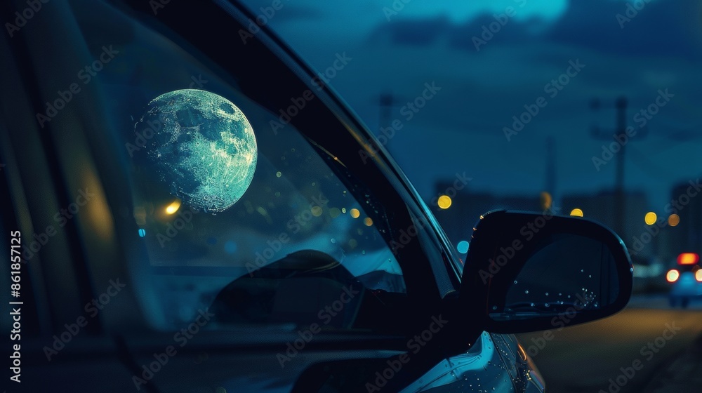 The crescent moon is reflected in the car's rearview mirror. The crescent moon is reflected in the car's rearview mirror.