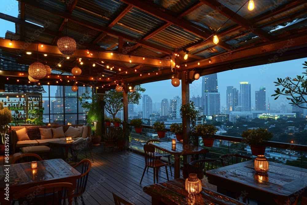 Naklejka premium Chic Rooftop Bar with Solar Powered Lighting and Stunning City Skyline View for Evening Gatherings