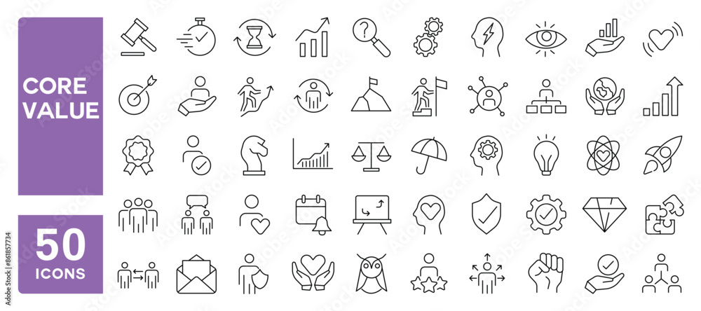 Set of 50 line icons related to core value, innovation, leadership, strategy, performance, Editable stroke. Vector illustration Set of 50 line icons related to core value, innovation, leadership, strategy, performance, Editable stroke. Vector illustration