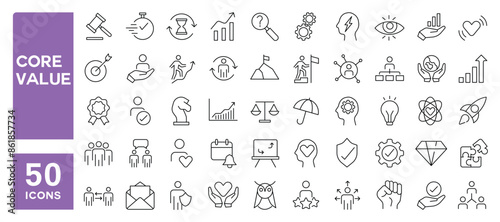 Set of 50 line icons related to core value, innovation, leadership, strategy, performance, Editable stroke. Vector illustration