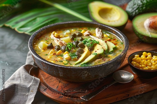 Delicious and colombian ajiaco soup, with avocado, corn, chicken and potatoes served in a rustic bowl. photo