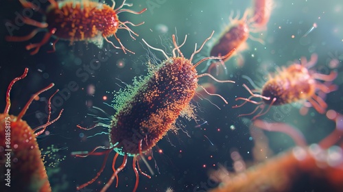 Enterobacterias Gram negativas Proteobacteria, bacteria such as salmonella, escherichia coli, yersinia pestis, klebsiella. 3D illustration. AI generated illustration photo