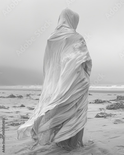A figure stands on a deserted beach their body wrapped in a billowing fabric creating a sense of mystery and isolation. Black and white art