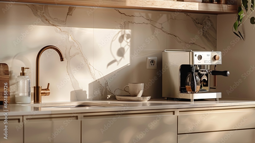 modern kitchen, sleek eggshell light beige finishes, with a beige and wood, white marble. depth of field that highlights, with a simple white sink and bronze faucet, espresso machine.