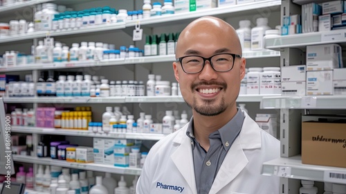 A smiling pharmacist in a white coat stands behind a counter in a pharmacy, surrounded by shelves of medication and medical supplies