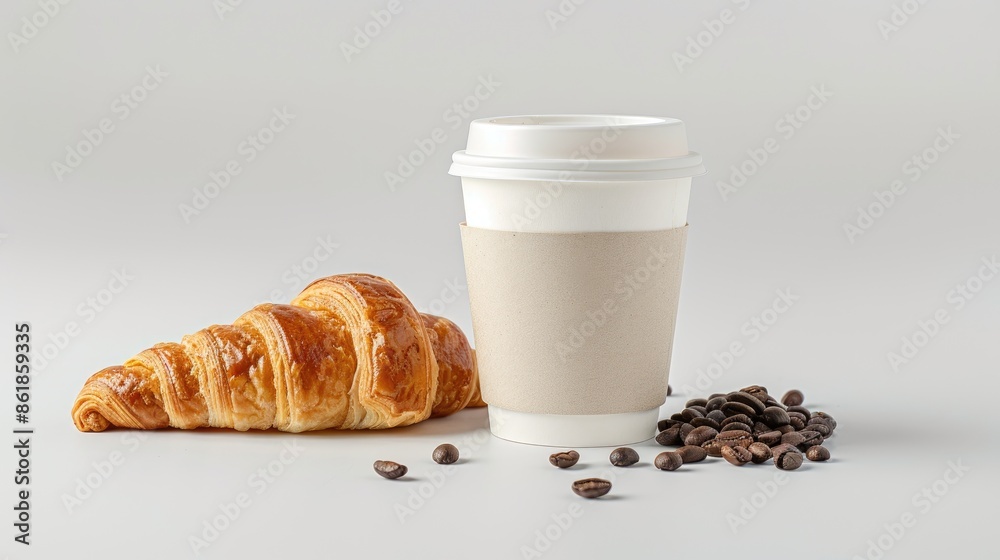 A freshly baked croissant sits on a white background next to a cup of coffee and coffee beans A freshly baked croissant sits on a white background next to a cup of coffee and coffee beans