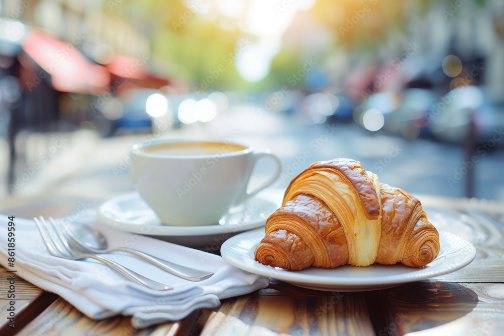 White cup of coffee to go and croissant lying on white saucer with a fork and napkin on a table outdoors on Paris street with blurred city background White cup of coffee to go and croissant lying on white saucer with a fork and napkin on a table outdoors on Paris street with blurred city background