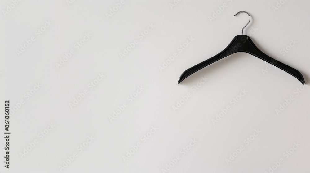 Black plastic clothes hanger on white background with space for text Black plastic clothes hanger on white background with space for text