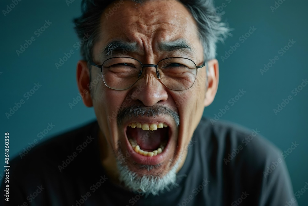 Close up Portrait of an angry furious Asian senior grey-haired man with glasses yelling and screaming and shouting with wide opened mouth on isolated background Close up Portrait of an angry furious Asian senior grey-haired man with glasses yelling and screaming and shouting with wide opened mouth on isolated background