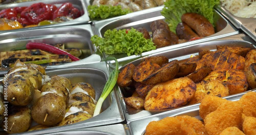 Potatoes cooked in various ways. French fries, deep-fried potatoes, onion, lettuce and other vegetables. Various boiled, fried and deep-fried foods in fast food restaurant