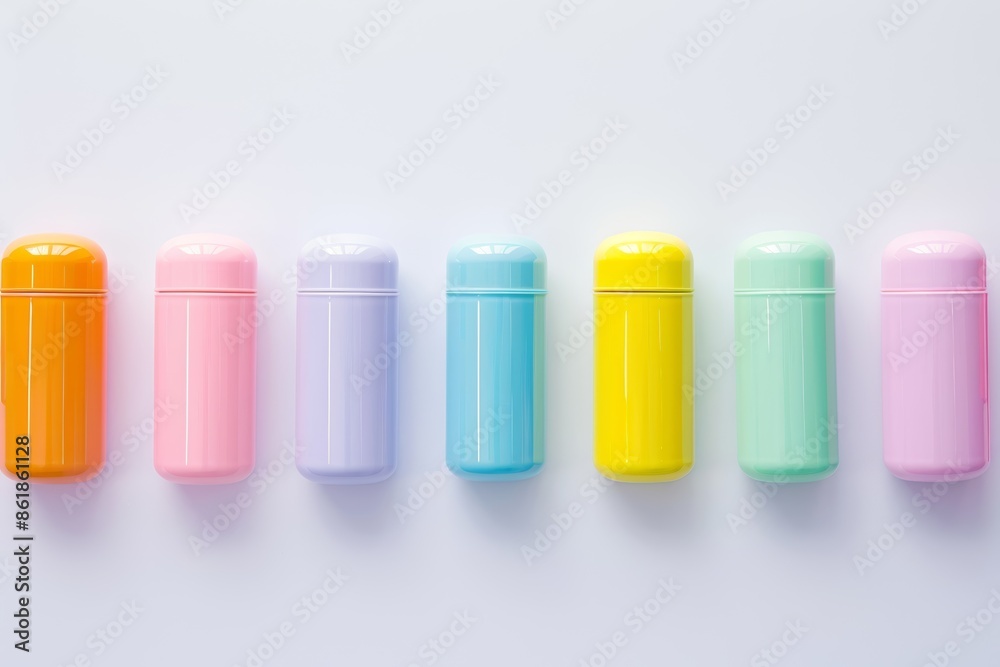 Colorful Reusable Water Bottles in a Row against a Blue Background - Eco-Friendly Hydration Solution Colorful Reusable Water Bottles in a Row against a Blue Background - Eco-Friendly Hydration Solution