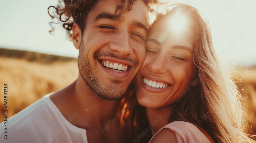 A young man with curly hair and a woman with long blond hair smiling in a field during morning light A young man with curly hair and a woman with long blond hair smiling in a field during morning light