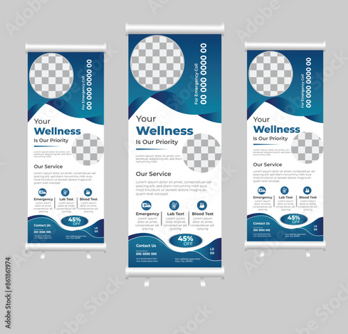 Modern and Creative Minimalist Professional and Corporate Medical roll up banner template design or poll up standee for healthcare hospital.