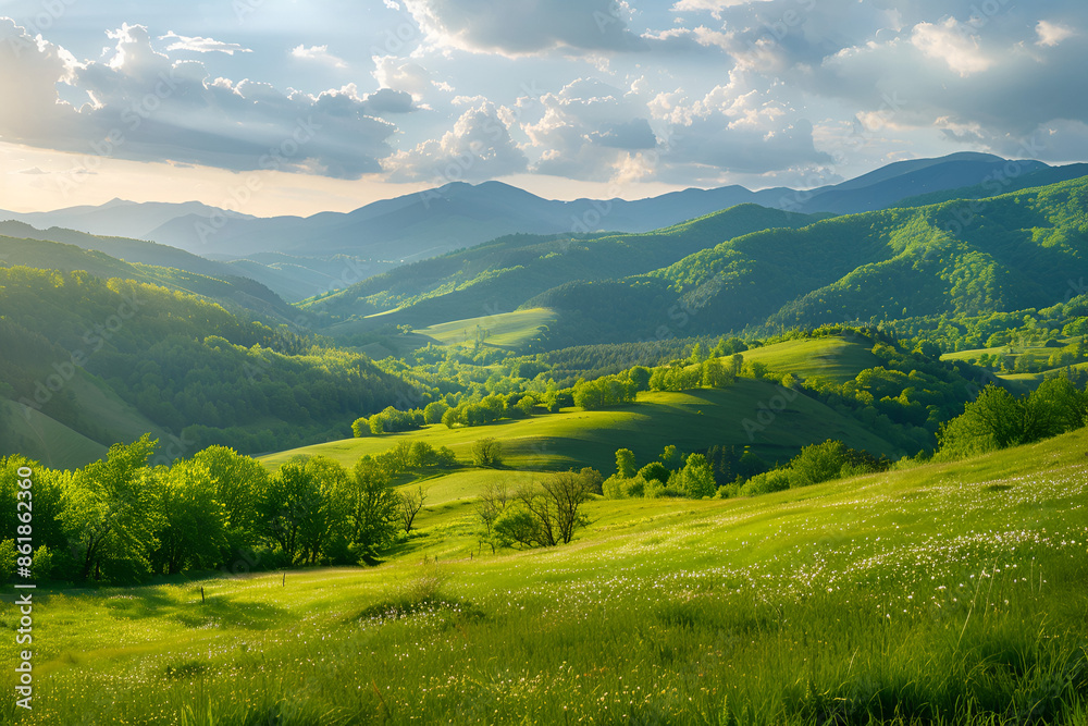 panorama of beautiful countryside of romania. sunny afternoon. wonderful springtime landscape in mountains. grassy field and rolling hills. rural scenery panorama of beautiful countryside of romania. sunny afternoon. wonderful springtime landscape in mountains. grassy field and rolling hills. rural scenery