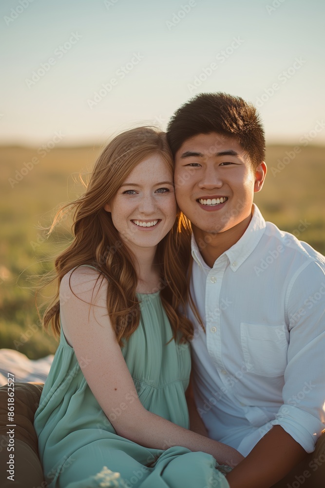Middle-aged woman with red hair in green dress and smiling man with black hair in white shirt sitting on blanket in park, waist-up photo Middle-aged woman with red hair in green dress and smiling man with black hair in white shirt sitting on blanket in park, waist-up photo