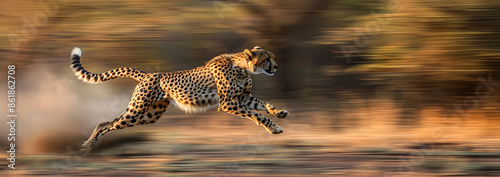 A cheetah rushing across the African savannah, background blur.