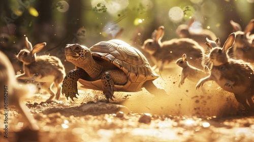 Aesop's fable concept. A turtle leads a pack of racing rabbits, all kicking up dust on a sunlit path, a playful take on the classic tortoise and hare story. photo