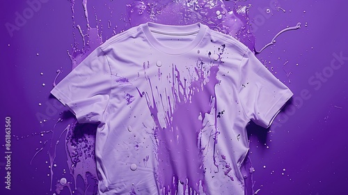 The image features a plain white t-shirt being smeared with a purple substance, possibly paint or dye, and a splatter of the same substance is being dropped onto the t-shirt  photo