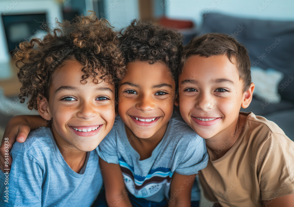 Three young boys are smiling and hugging each other Three young boys are smiling and hugging each other