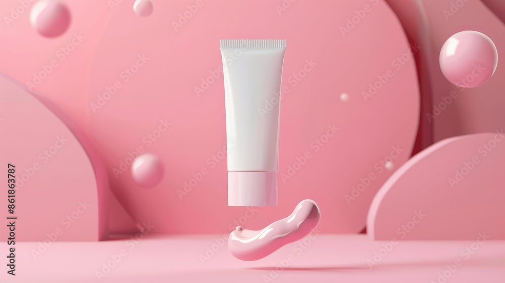 White cosmetics tube with a blank label floating on a pink surface White cosmetics tube with a blank label floating on a pink surface
