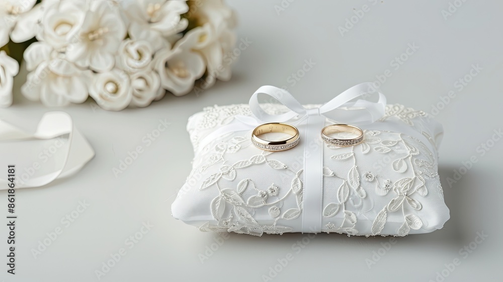 Two gold wedding bands with small diamonds rest on a white satin pillow with lace design Two gold wedding bands with small diamonds rest on a white satin pillow with lace design
