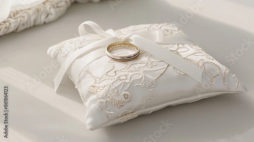 A close-up shot of a white satin pillow with delicate embroidery, featuring two gold wedding bands