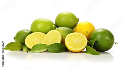 The image features a vibrant and fresh display of lemons and limes,l emons are green and yellow with a few showing hints of orange photo