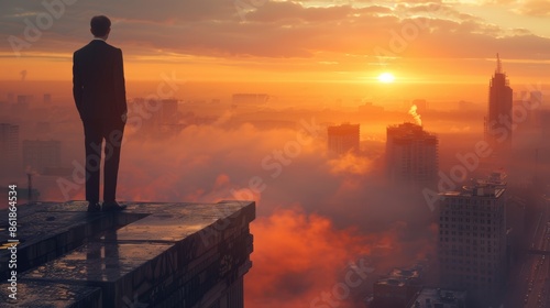 Create a high-quality image of a man in a suit standing on a ledge, overlooking a foggy city at sunrise © tanapat