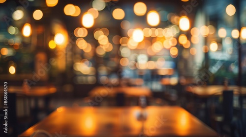 A blurred image of an empty restaurant table with warm lights