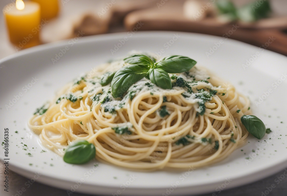 spaghetti with creamy basil sauce in a white porcelain pasta dish, copy space for text, ad shot spaghetti with creamy basil sauce in a white porcelain pasta dish, copy space for text, ad shot