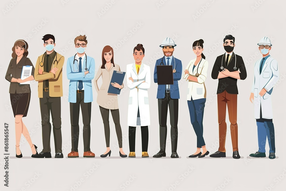 Obraz premium A Group Of People Of Different Professions. Doctor,business man, worker. Set of occupations. Labour Day On 1 May. coronavirus, covid-19 concept. elegant design.