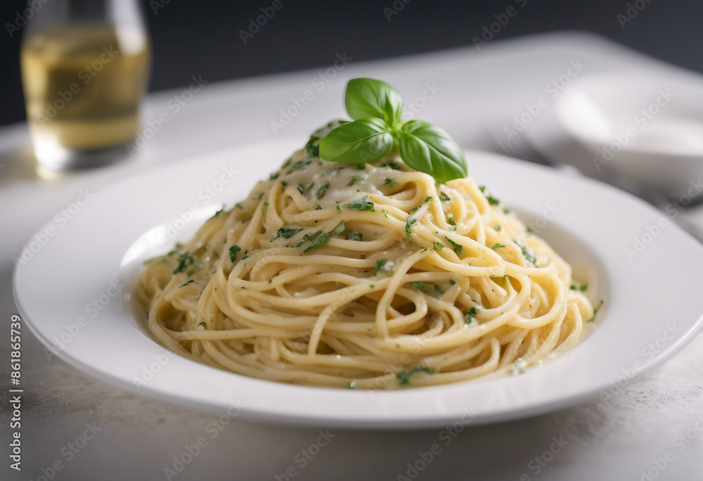 spaghetti with creamy basil sauce in a white porcelain pasta dish, copy space for text, ad shot. spaghetti with creamy basil sauce in a white porcelain pasta dish, copy space for text, ad shot.