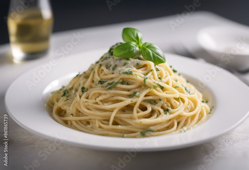 spaghetti with creamy basil sauce in a white porcelain pasta dish, copy space for text, ad shot.
