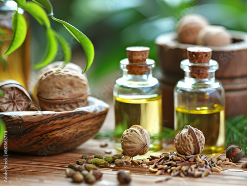 Nutmeg essential oil in a bottle Spa, Walnut oil in the glass bottle on wooden table