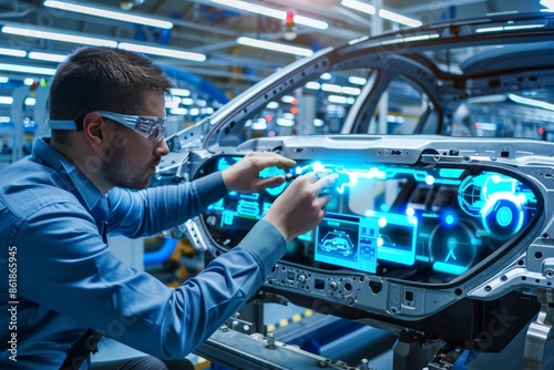 Automotive engineer using cutting edge technology on futuristic assembly line for car manufacturing photo