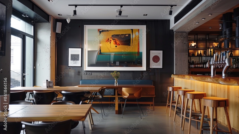 eye level, photo, bar, minimalistic interior, abstract large art frame, office snapshot, frame magazine eye level, photo, bar, minimalistic interior, abstract large art frame, office snapshot, frame magazine