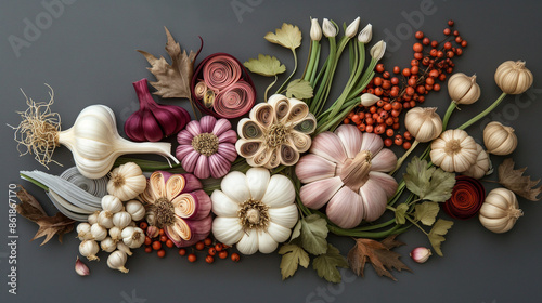 Various quilling garlic arrangement on grey background 