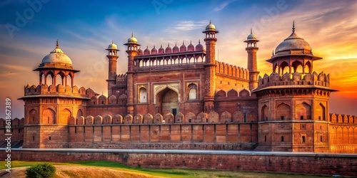 Vibrant Indian architecture, majestic Red Fort's imposing red sandstone walls and intricate white marble ornaments, set against a clear blue Delhi sky at sunset. photo