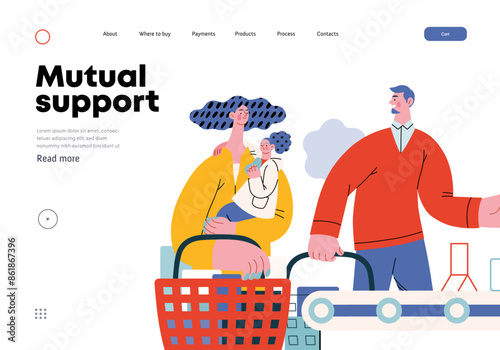 Mutual Support: Skip ahead in line -modern flat vector concept illustration of man letting woman with child go ahead in shop checkout line A metaphor of voluntary, collaborative exchanges of services