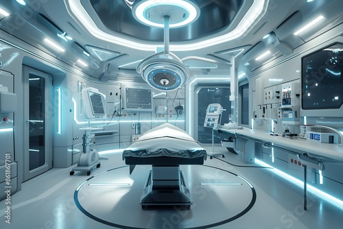 Hospital stylish interior with operating surgery table, lamps and ultra contemporary devices, hi tech, mechanical technology in contemporary clinic. photo