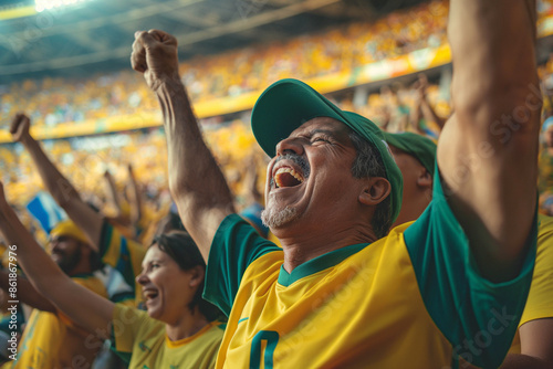 A man, a Brazilian football fan at the stadium, cheers for his team. Happy emotions, joy, America Copa, Brazil.