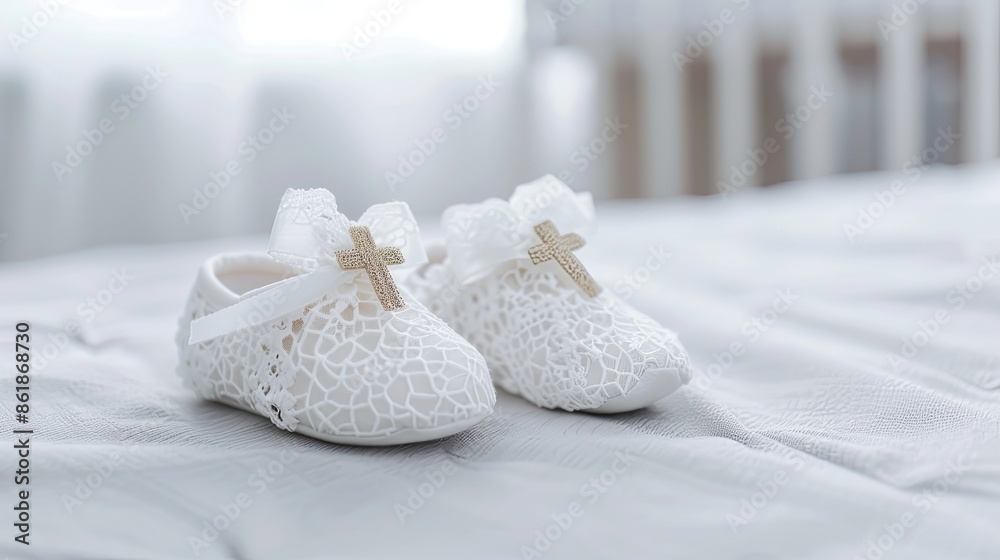 A pair of white baby shoes with lace detailing and gold cross embellishments, resting on a white surface A pair of white baby shoes with lace detailing and gold cross embellishments, resting on a white surface