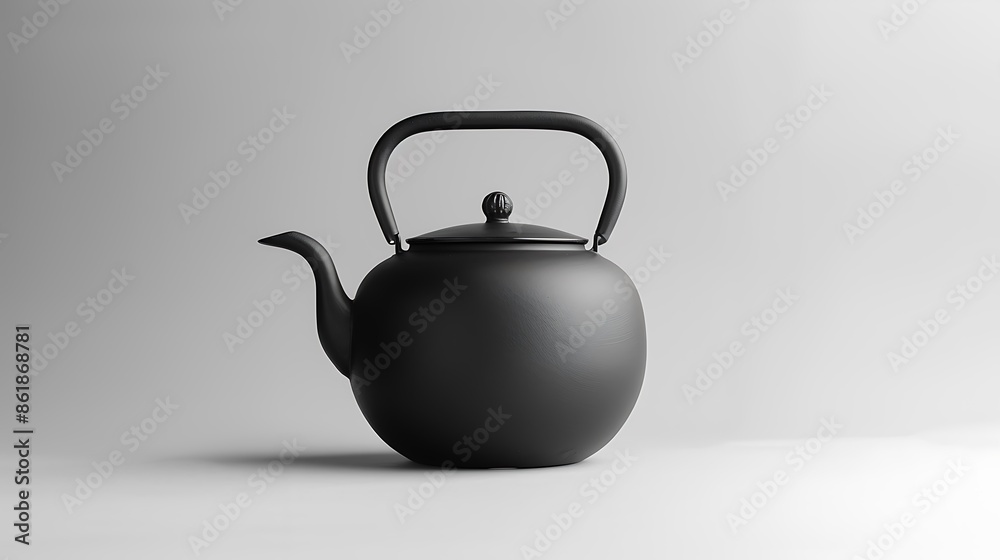 The image shows a black tea kettle on white background The image shows a black tea kettle on white background