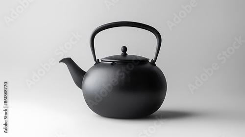 The image shows a black tea kettle on white background  photo